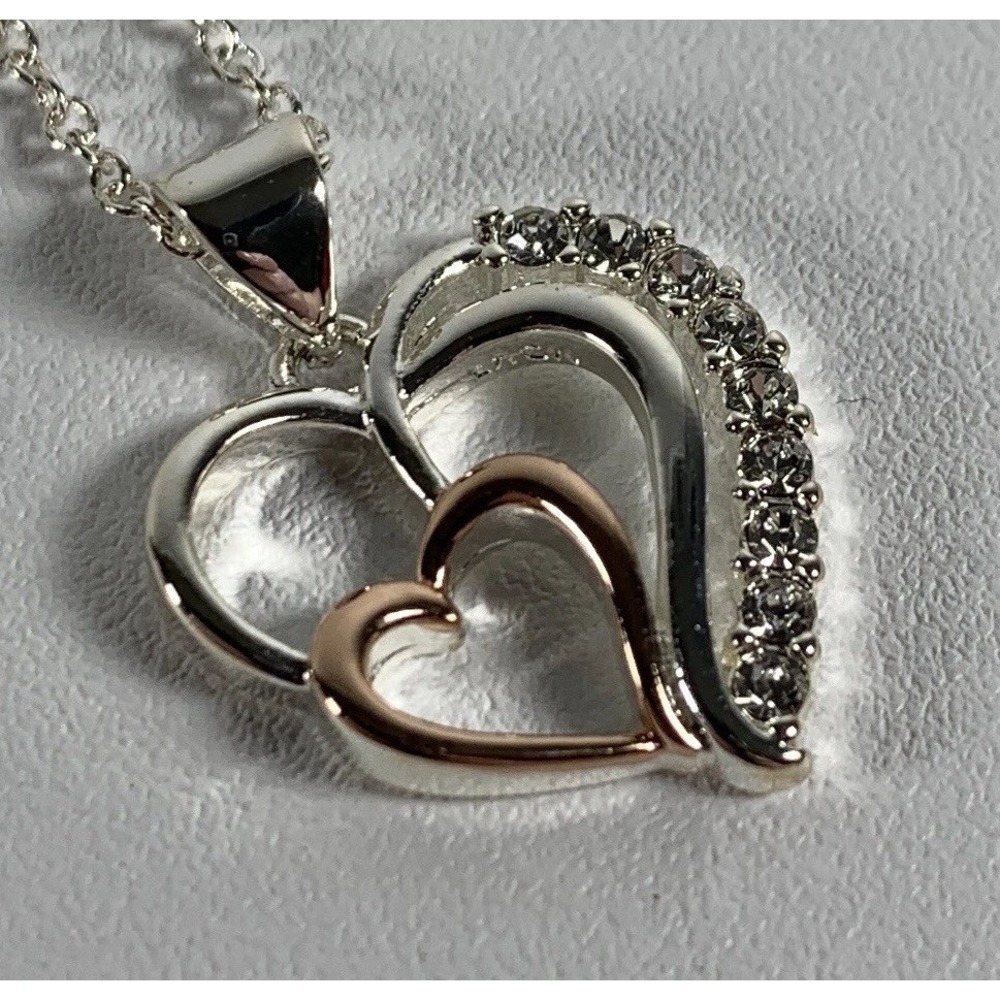 Double Heart Necklace Silver Plated Rose Gold Crystal 18" Gift Mother & Child